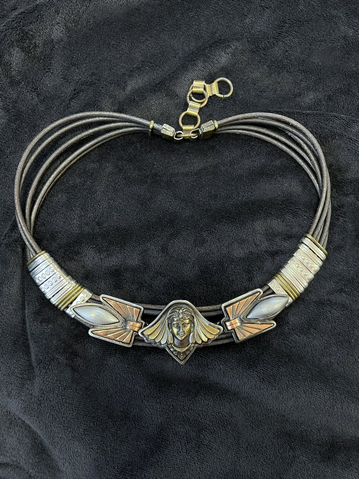 Vintage Egyptian Revival Statement Belt – Black Leather with Mixed Metal Details