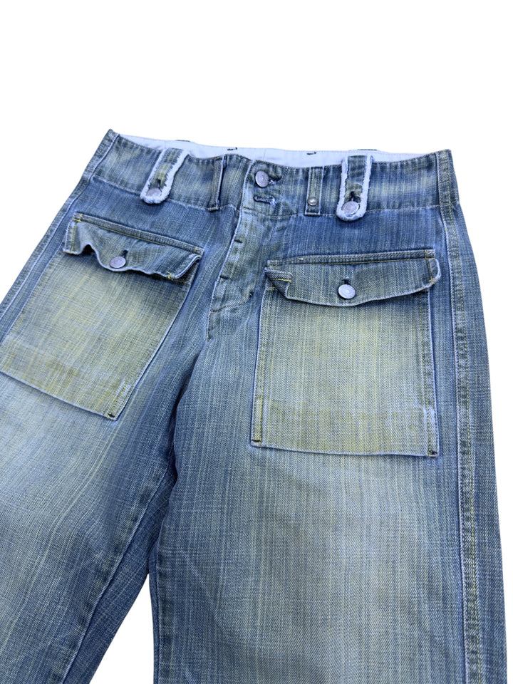 2000s faded blue denim cargo culotte shorts