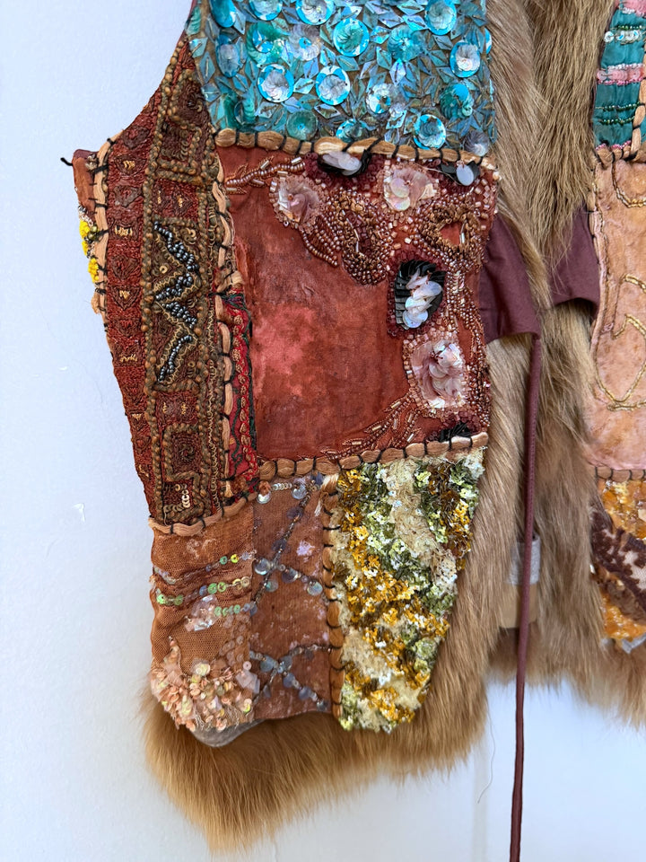 Pinko Laborioso Embroidered Patchwork Fur-Trim Vest S-M