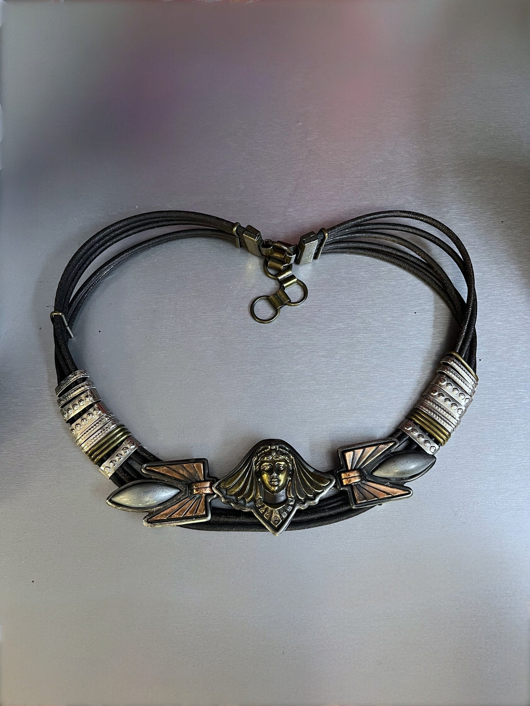 Vintage Egyptian Revival Statement Belt – Black Leather with Mixed Metal Details