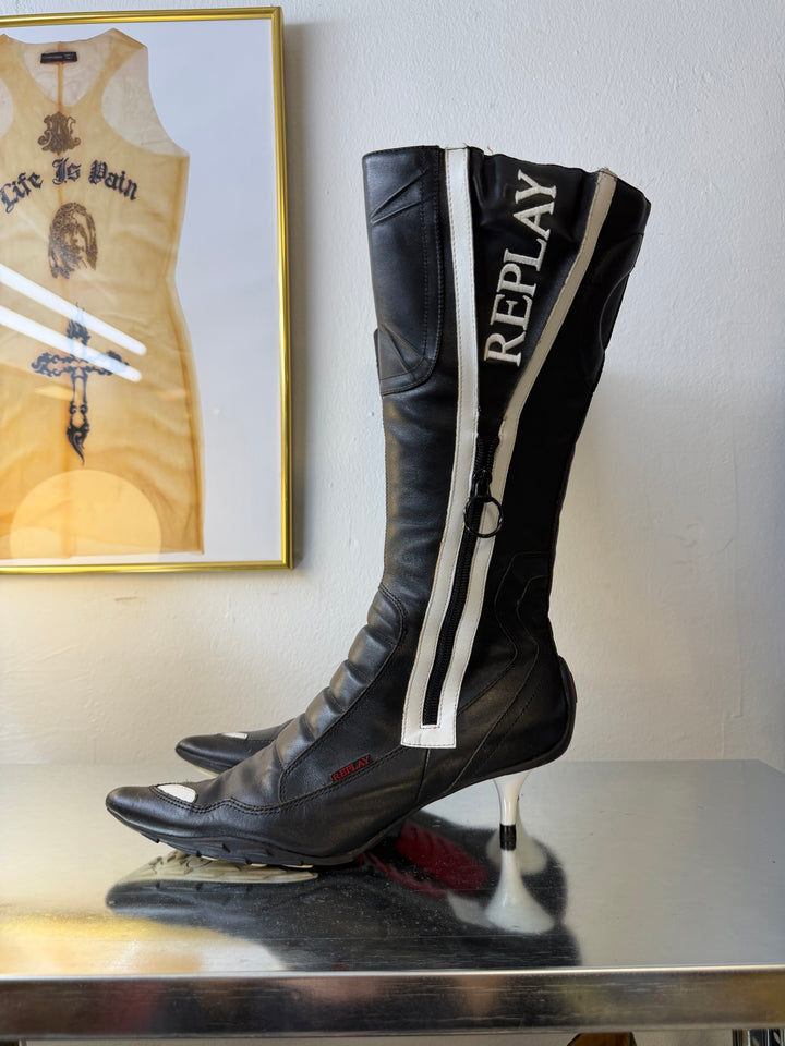 REPLAY Moto Heeled Boots 2000s Black & White Leather EU37
