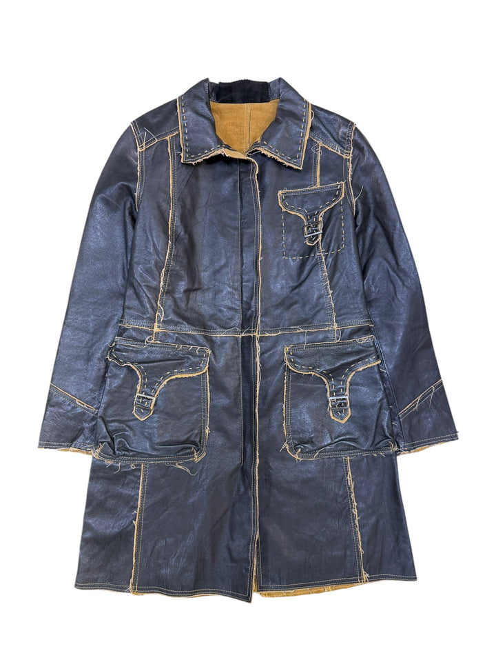 Vintage distressed leather utility coat small