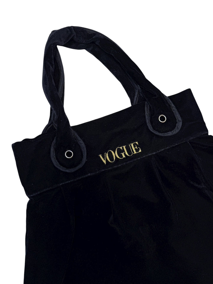 Vogue black velour tote bag gold embroidery