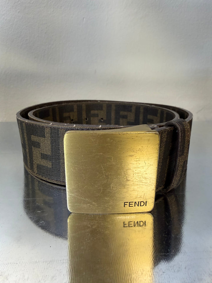 FENDI Late 1990s Zucca Canvas Belt with Brass Plate Buckle