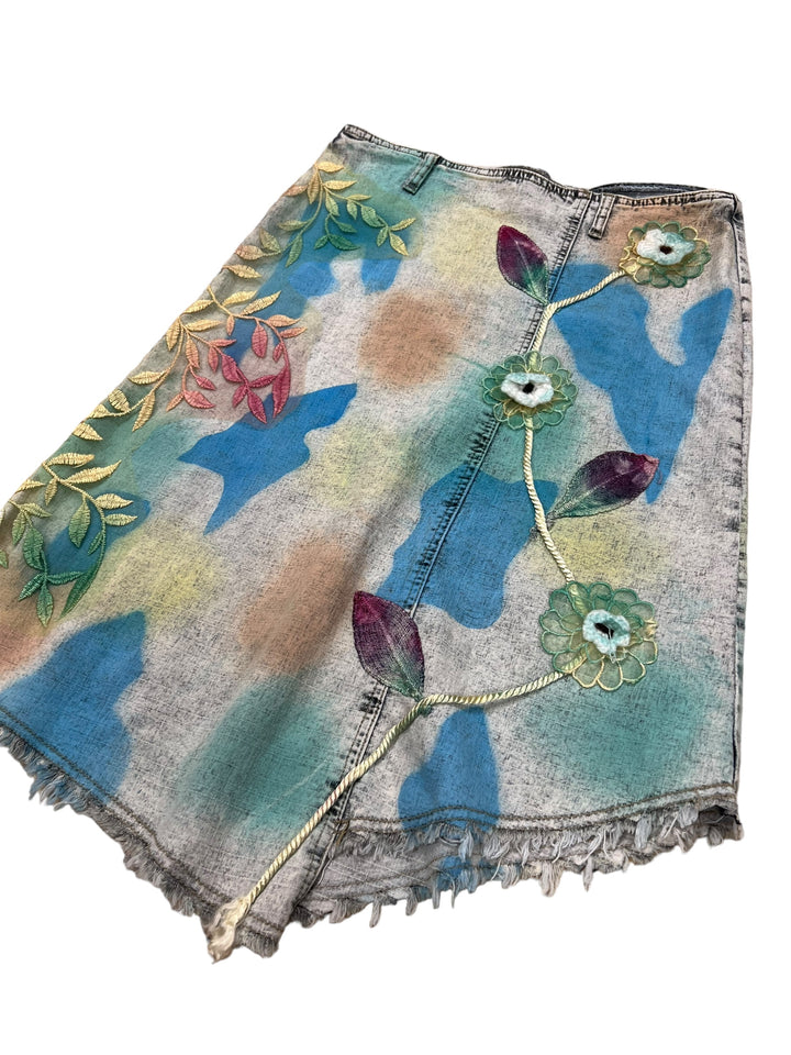 Vintage Embroidered midi denim Low waist skirt Small(36)