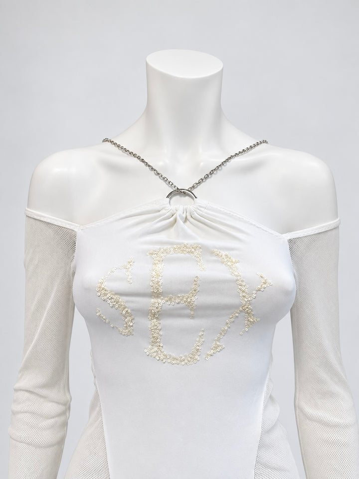 2000s chain halter mesh sleeve asymmetric top