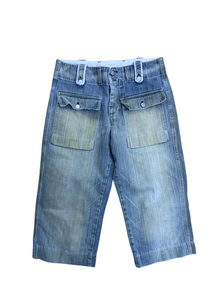 2000s faded blue denim cargo culotte shorts