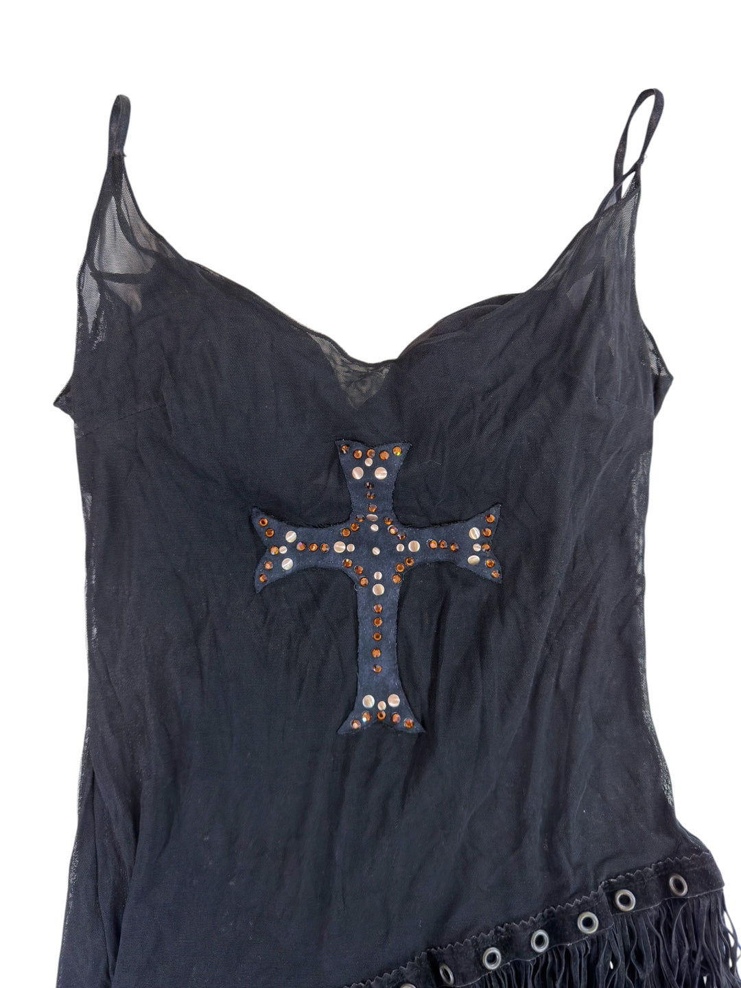 Cinema embellished cross fringe mesh top