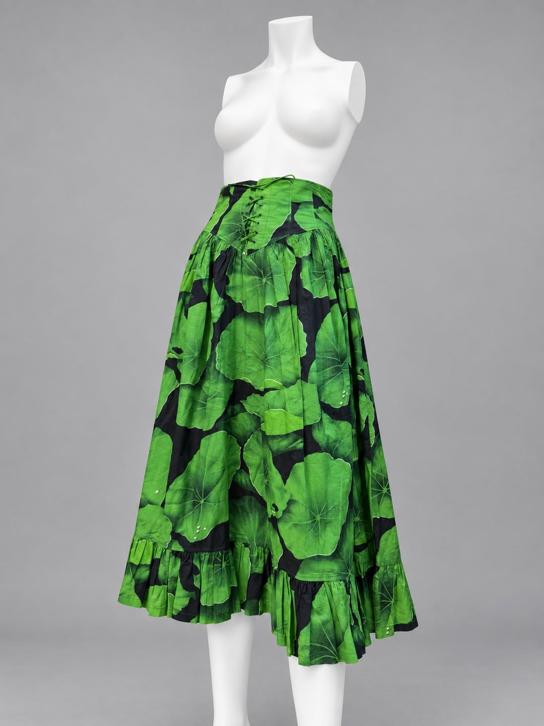 Kenzo Paris 1990s green leaf print corset maxi skirt