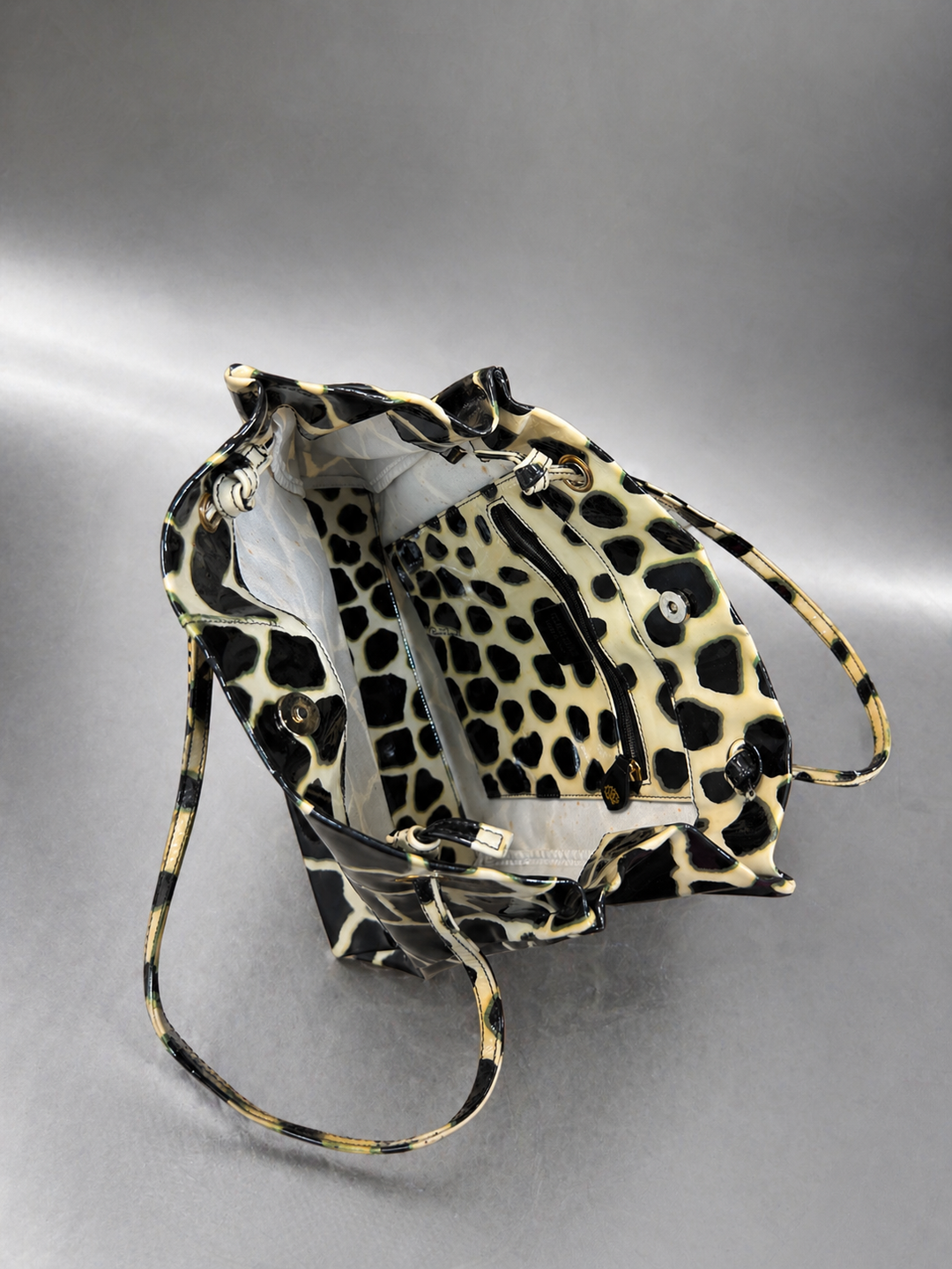Roberto Cavalli vintage giraffe print patent tote bag