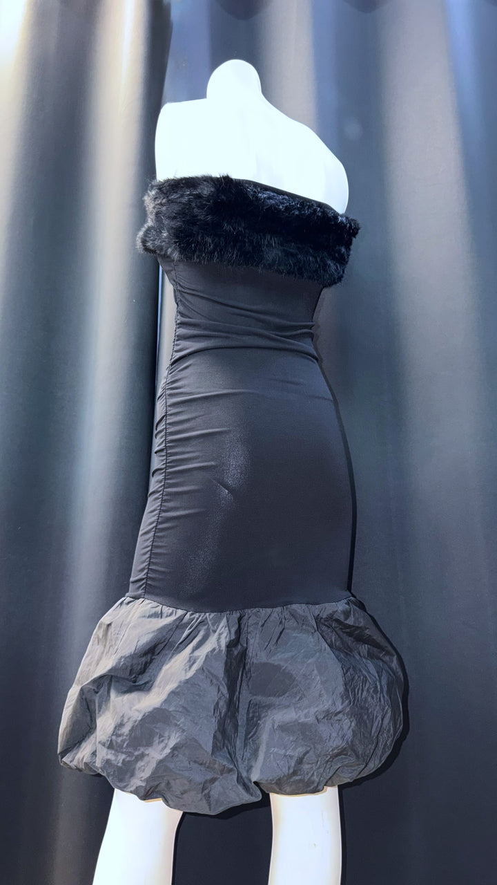 Vintage strapless evening dress with faux fur neckline & balloon hem