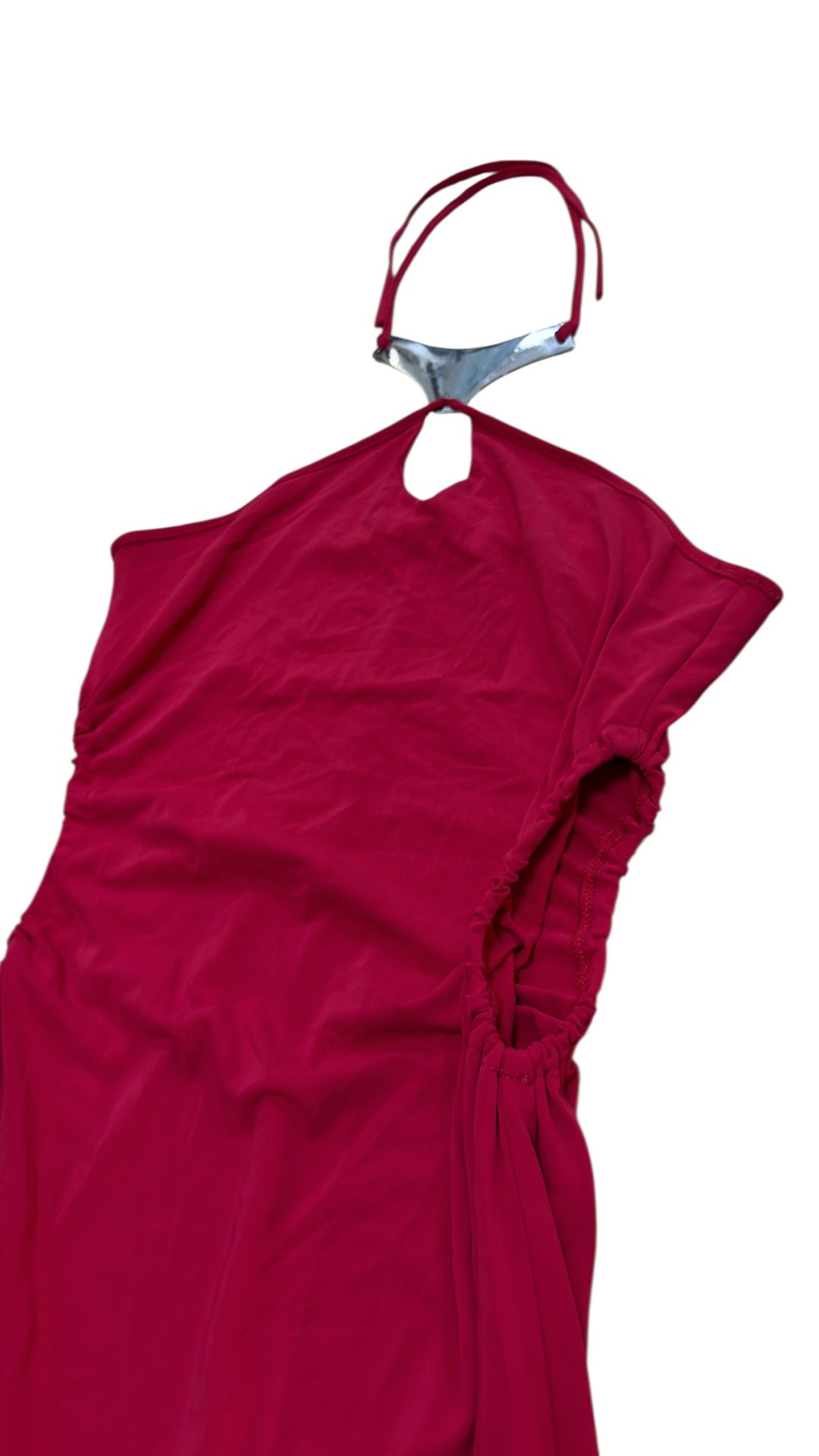 EXTYN red halter midi dress with metal detail