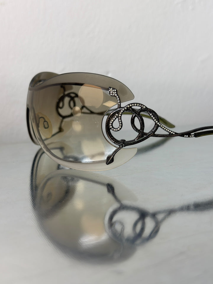 Roberto Cavalli vintage cicno rc223s shield sunglasses grey gradient serpent crystal y2k