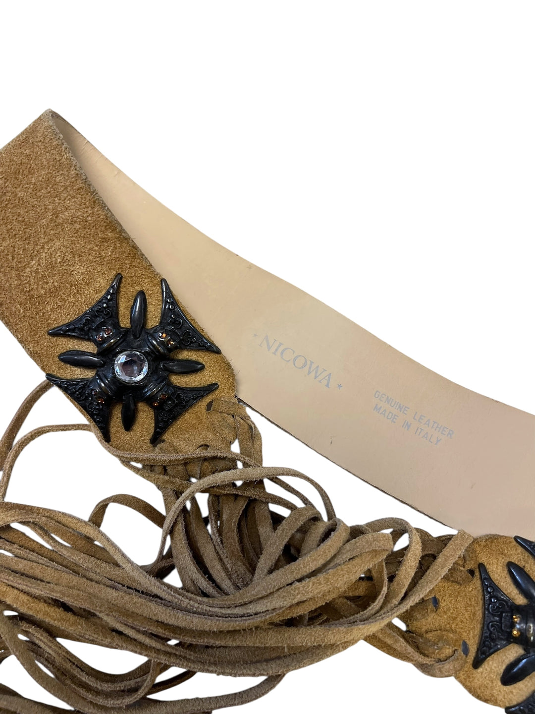Nicowa Vintage Suede Leather Belt with Crystal Cross & Fringe – Made in Italy