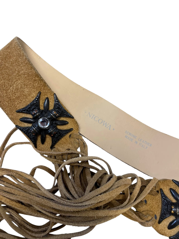 Nicowa Vintage Suede Leather Belt with Crystal Cross & Fringe – Made in Italy