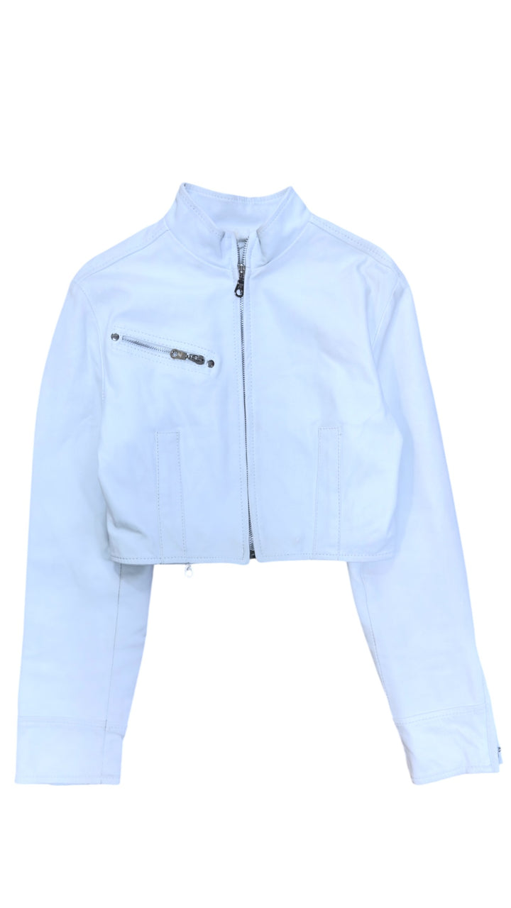 Vintage cropped leather moto jacket white