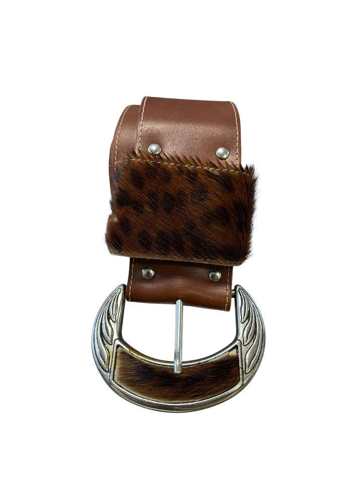Brown Leather Belt with Fur Detail & Silver Buckle