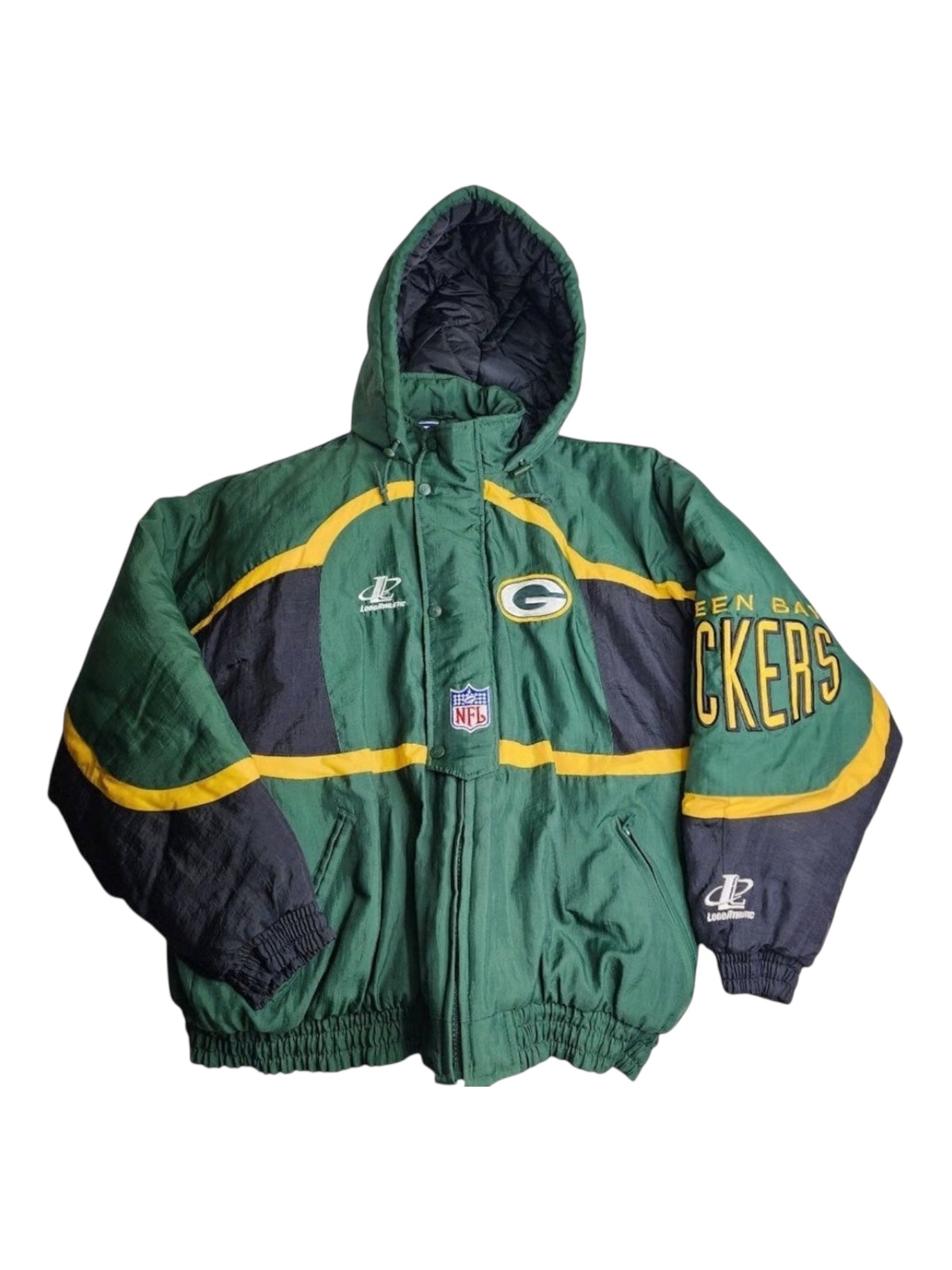 90s LogoAthletic製 GreenBay Packers ジャケット Vintage 90s Logo Athletic Splash Green Bay Packers Puffer Jacket