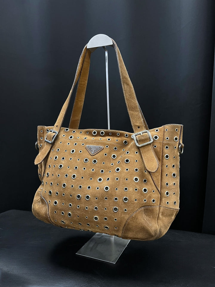 Prada Vintage Brown Suede Eyelet Tote Bag – Made in Italy