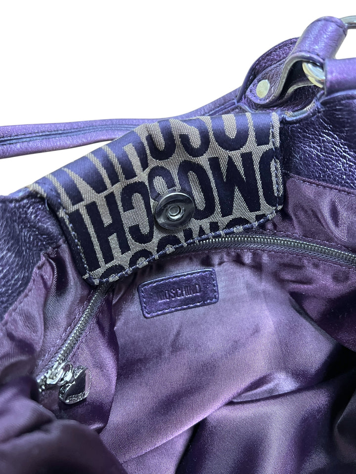 Moschino Brown Purple Monogram Signature Canvas & Leather Hobo Shoulder Bag