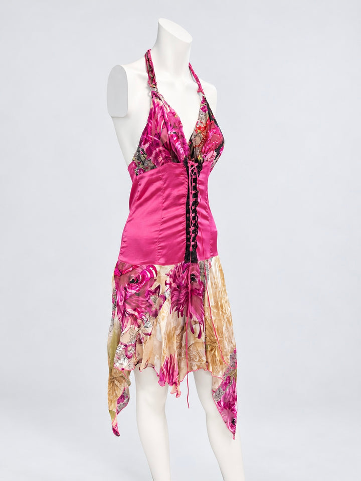 2000s halter asymmetric floral dress