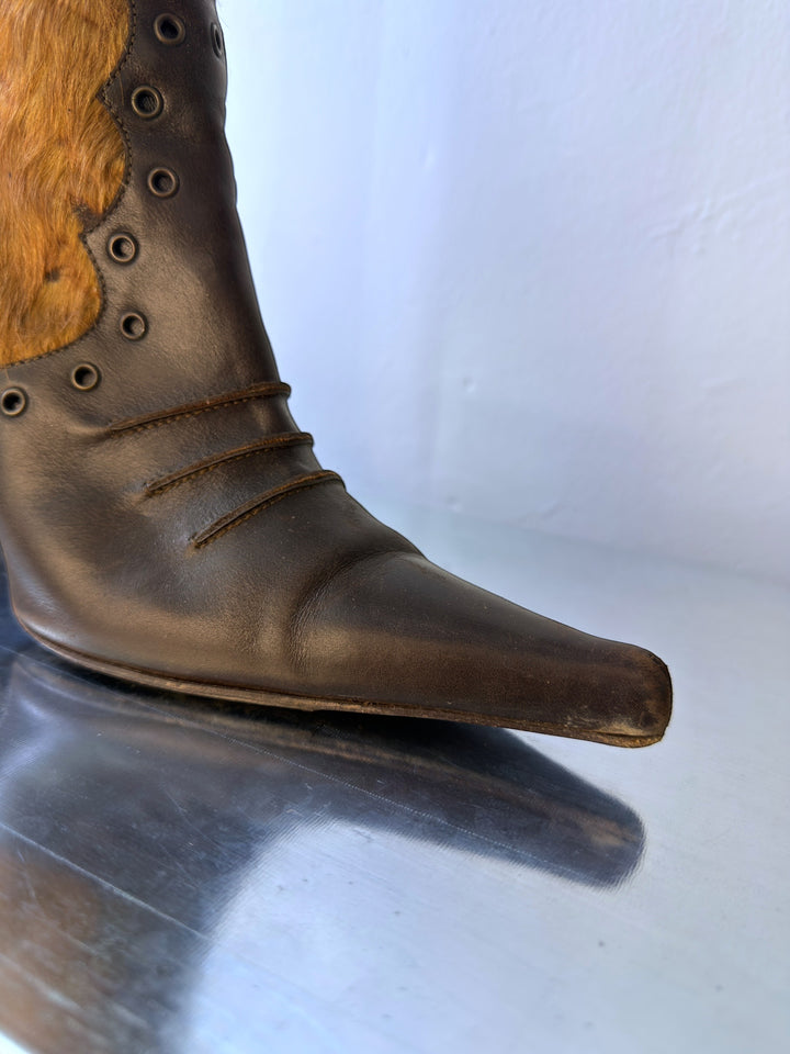 Coccinelle vintage pony hair leather knee high boots brown italian stiletto heels