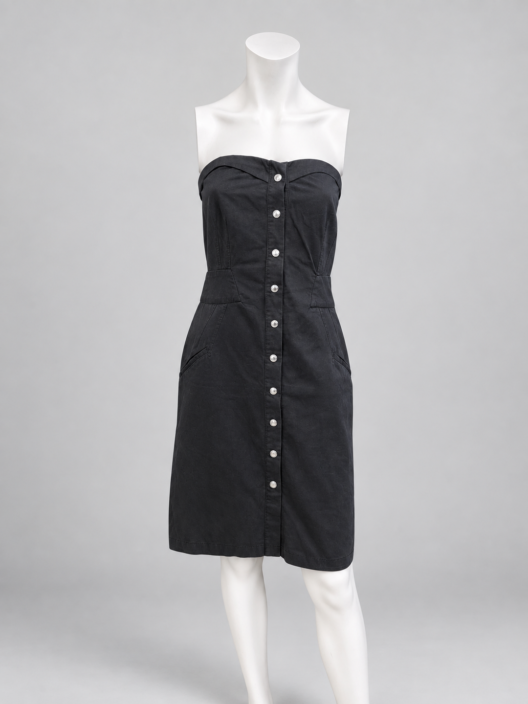 Mugler black strapless button-front dress