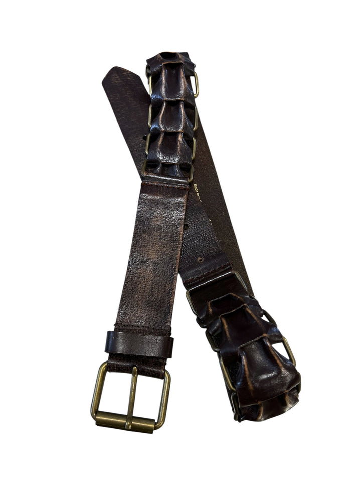 Vintage Brown Leather Belt with Woven Chain Detail