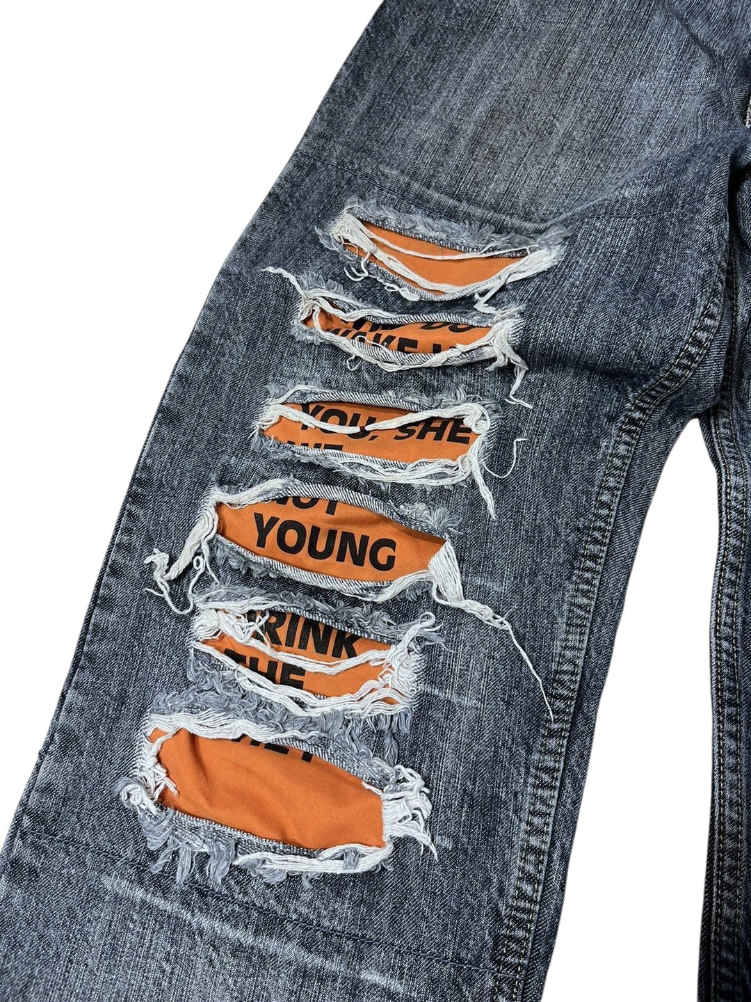 Dolce&Gabbana Statement Jeans – Orange Text Panels & Heavy Distressing – Y2K Era - Men's Large