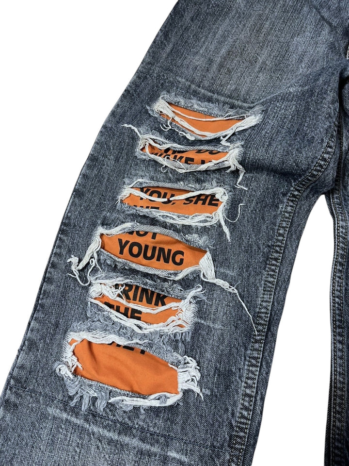 Dolce&Gabbana Statement Jeans – Orange Text Panels & Heavy Distressing – Y2K Era - Men's Large