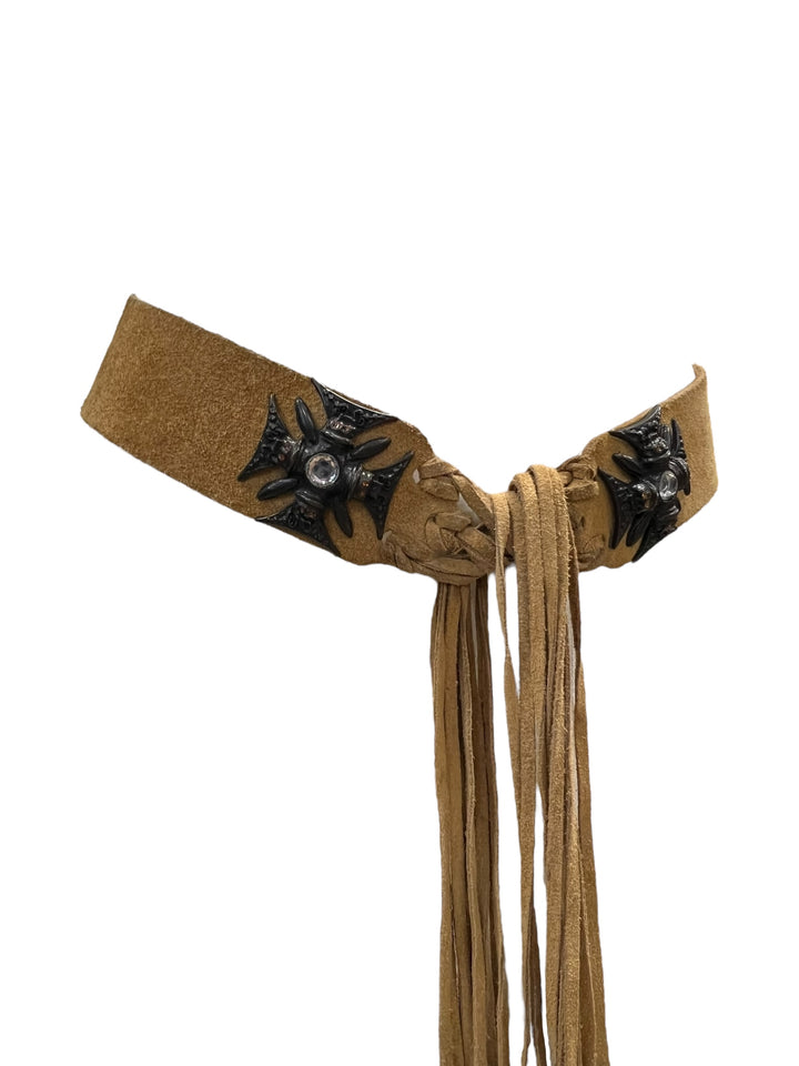Nicowa Vintage Suede Leather Belt with Crystal Cross & Fringe – Made in Italy