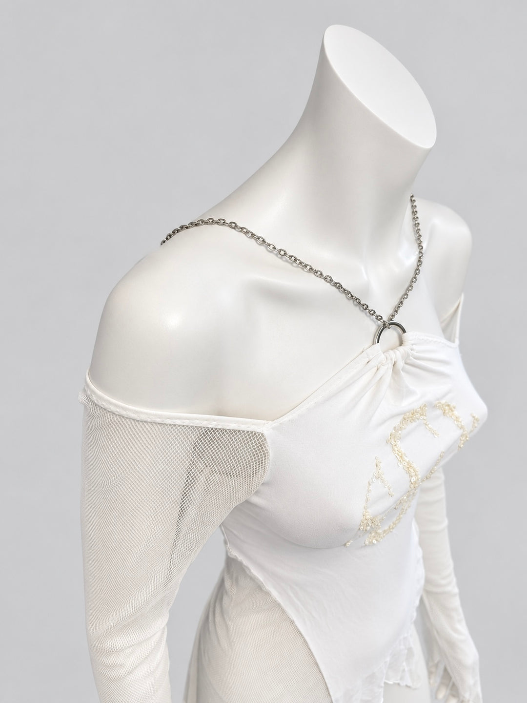 2000s chain halter mesh sleeve asymmetric top