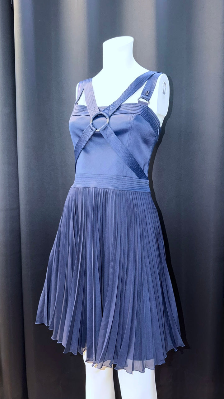 Galliano navy pleated mini dress with harness straps