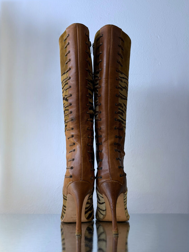 MARE 2000s lace-up leather boots with animal print panels