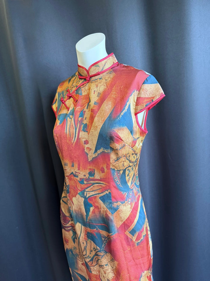 Vintage abstract-print qipao mini dress medium