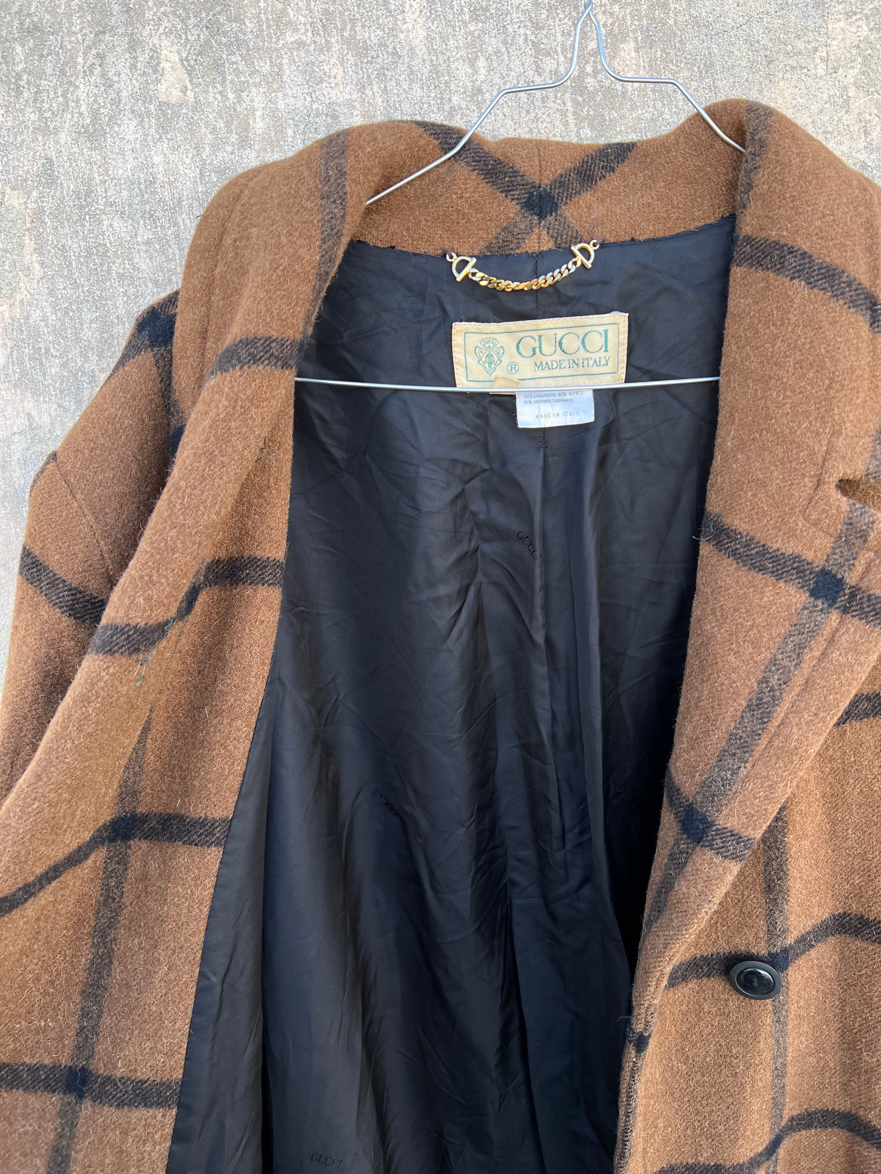 Gucci 80's vintage brown & black check wool/alpaca/cashmere coat