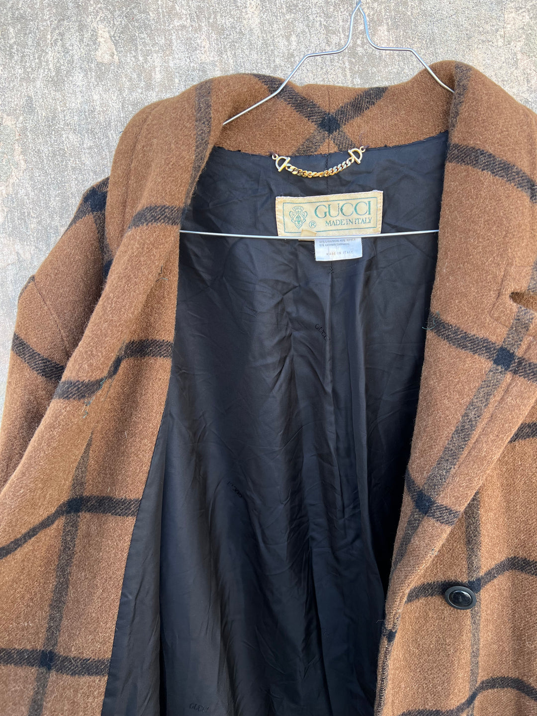 Gucci 80’s vintage brown & black check wool/alpaca/cashmere coat Women's Large