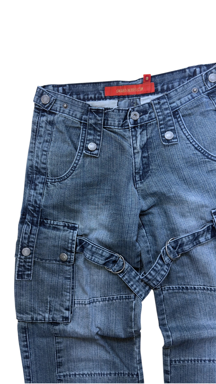 Fishbone denim cargo pants with straps
