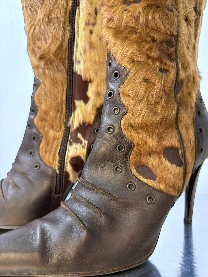 Coccinelle vintage pony hair leather knee high boots brown italian stiletto heels