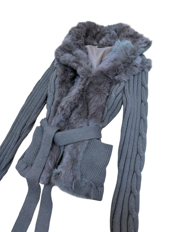 Gaudi grey knit cardigan with real fur trim