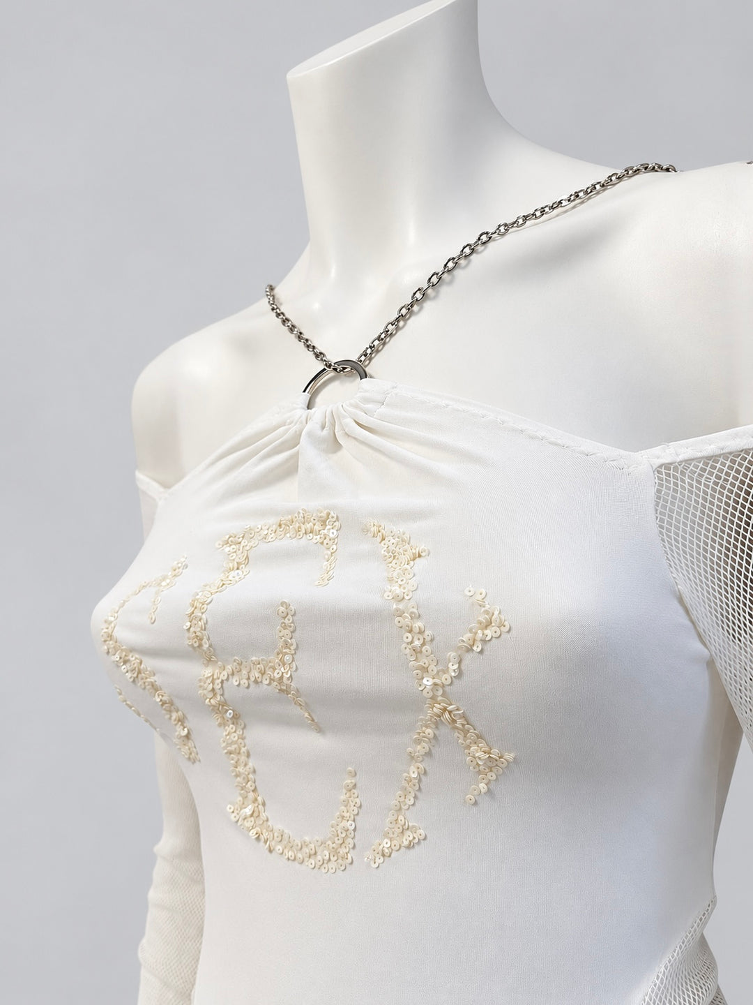 2000s chain halter mesh sleeve asymmetric top