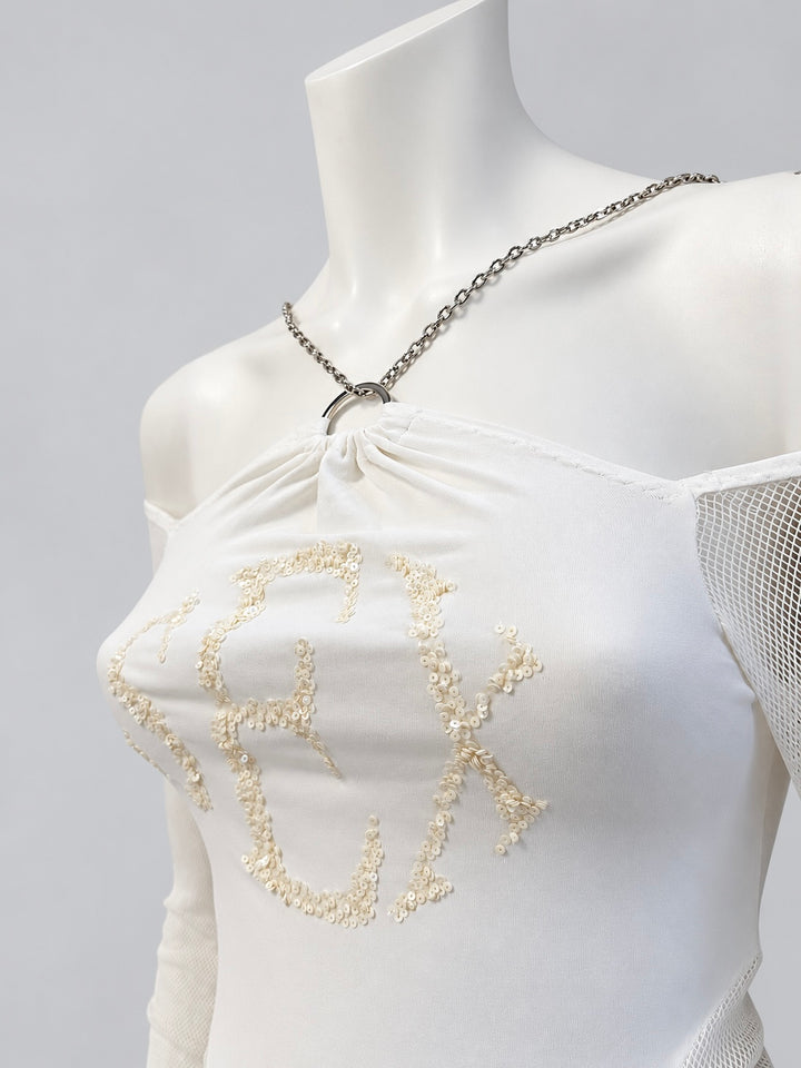 2000s chain halter mesh sleeve asymmetric top