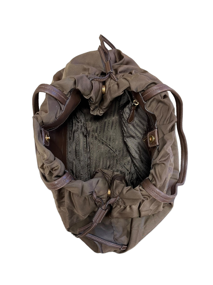 Prada Logo Drawstring Nylon Leather Tote Bag