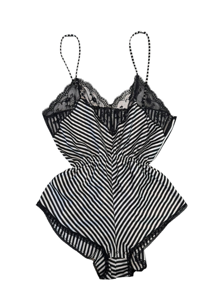 One-piece lingerie bodysuit in black & white stripes with lace details.