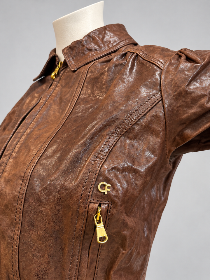 Cristinaeffe brown leather puff-sleeve jacket