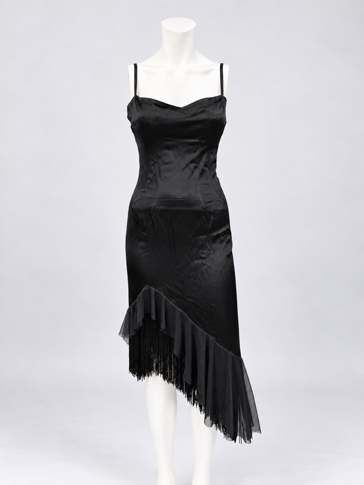 Zinas black satin asymmetric fringe dress
