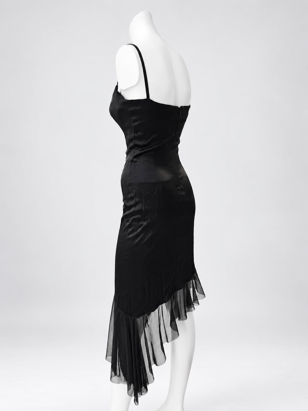 Zinas black satin asymmetric fringe dress