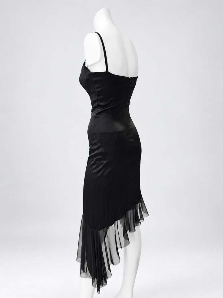 Zinas black satin asymmetric fringe dress