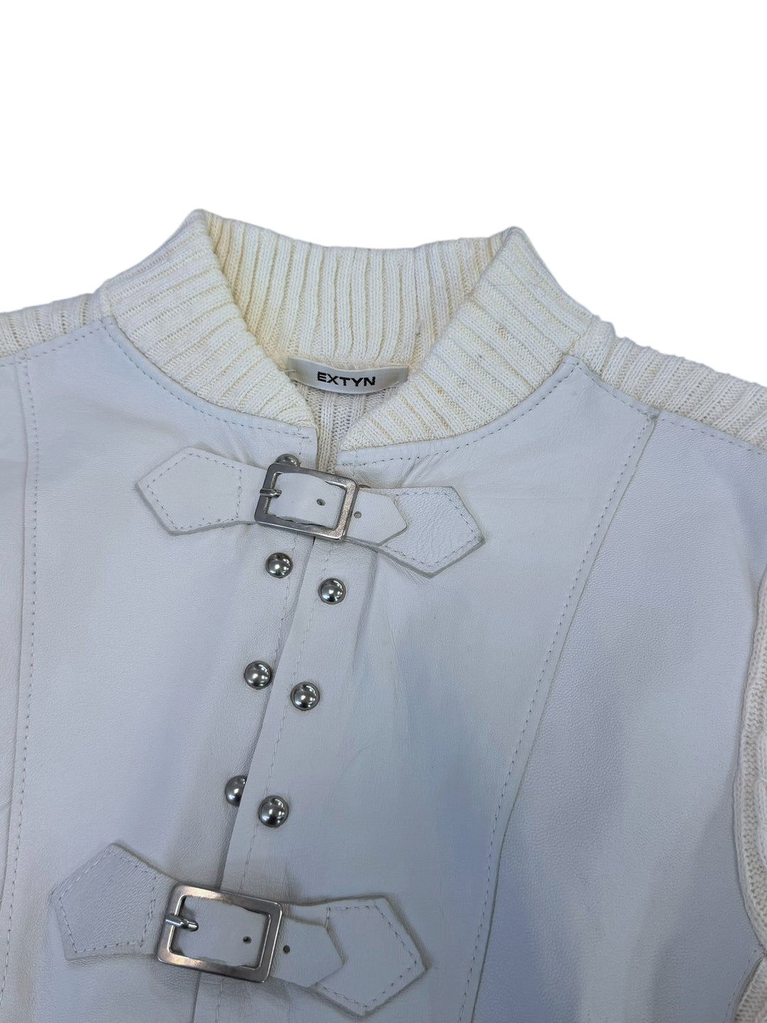 Extyn Y2K leather & knit buckle jacket white small