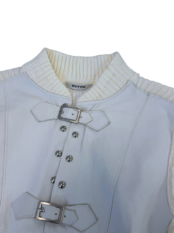 Extyn Y2K leather & knit buckle jacket white small